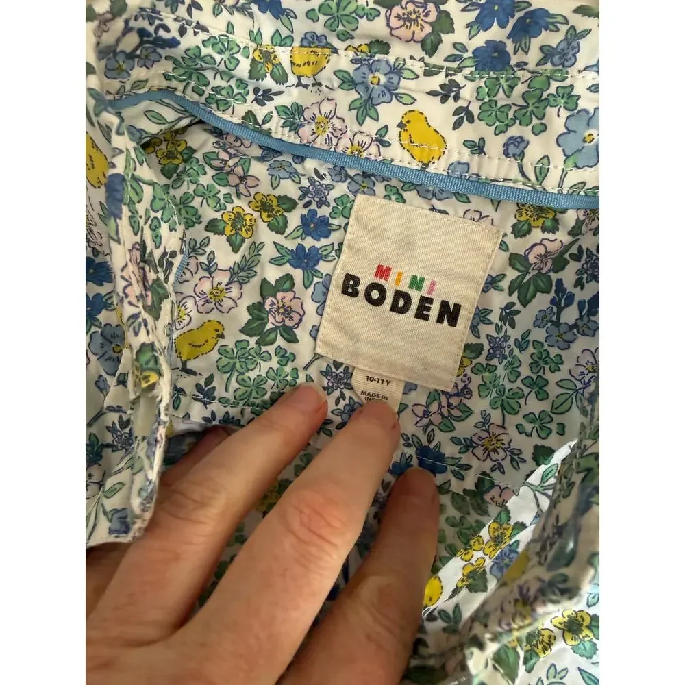 Mini Boden blue floral shirt with yellow chicks size 10-11